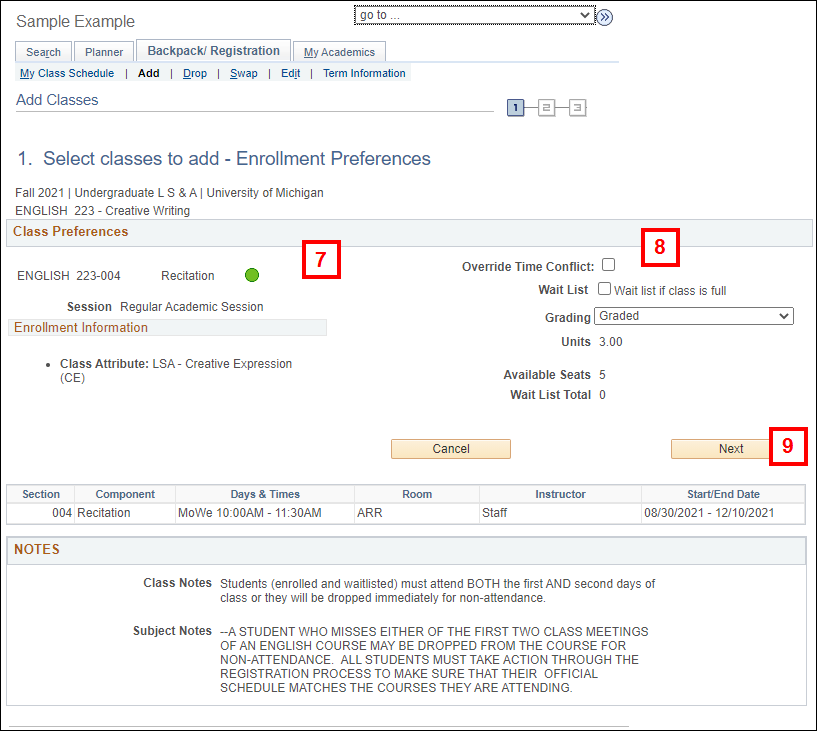 Select classes to add - Enrollment Preferences screenshot
