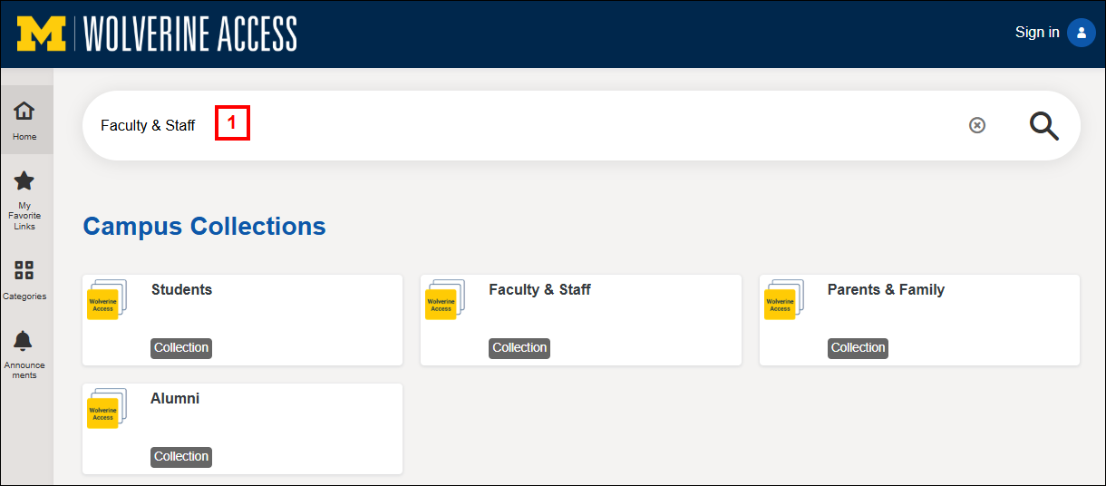 Wolverine Access with Faculty and Staff in the Search box screenshot