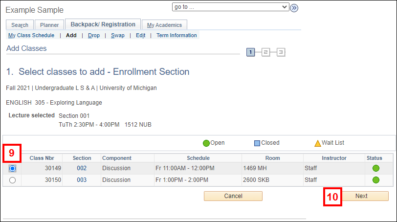 Select classes to add - Enrollment Section screenshot