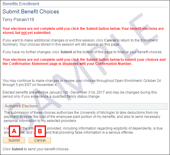 Benefits Enrollment - Submit Benefit Choices Page Screenshot