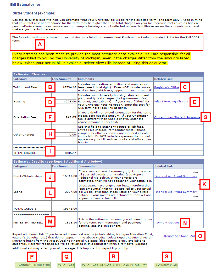 Financial Planning Calculator Bill Estimator Page