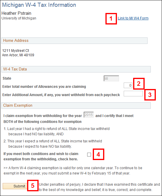 State of MI W-4 Tax Information screenshot.