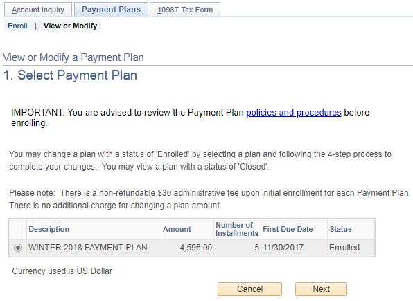 Sample Payment Plan View or Modify - Select Plan page