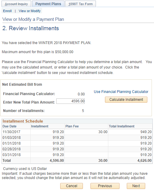 Sample Payment Plan View or Modify - Review Installments page