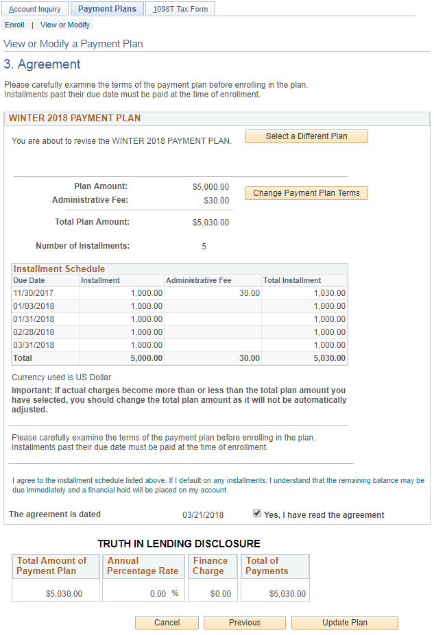 Sample Payment Plan View or Modify - Agreement page
