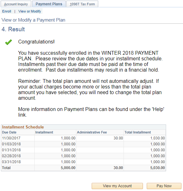 Sample Payment Plan View or Modify - Result page